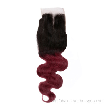 Hot Sale Ombre Color 1b Burg Virgin Human Body Wave Hair Lace Closure 13x4 Lace Closure 4x4 All Size Lace Closure with Baby Hair